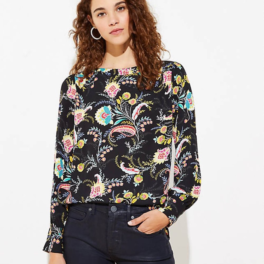 LOFT NWT FLORAL BOATNECK PUFF SHOULDER BLOUSE Med